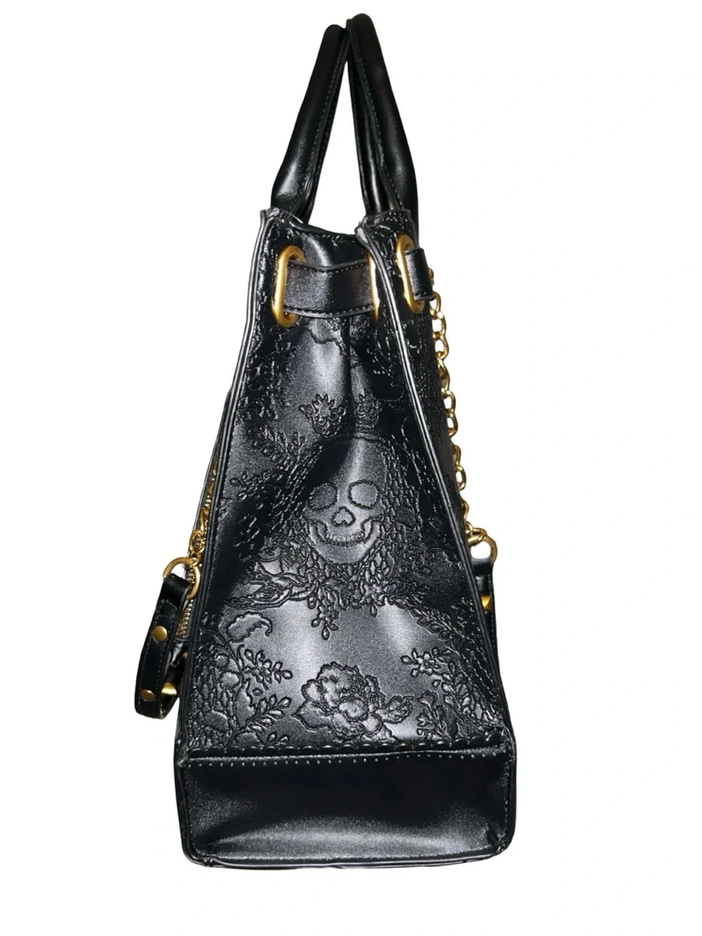 BETSEY JOHNSON XL BLACK SKULL & ROSES DOUBLE HANDLE & CHAIN STUD STRAPS TOTE NWT